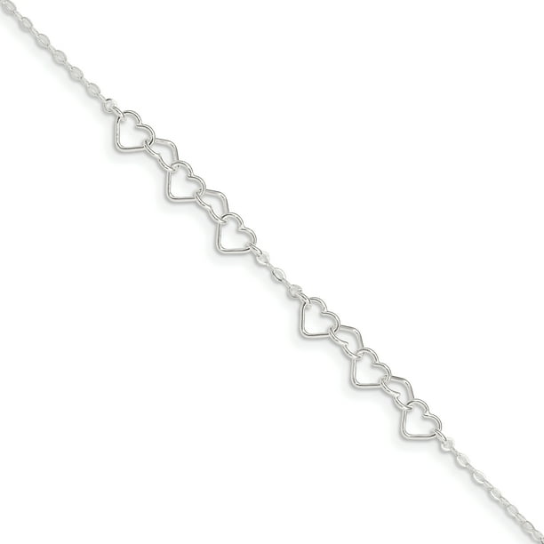 Sterling Silver 9inch Polished Fancy Heart Link Anklet